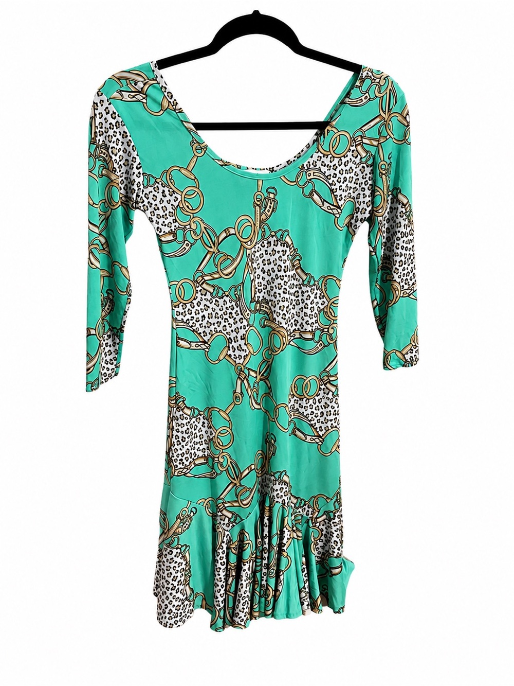Turquoise Chain & Leopard Scoop-Neck Long Sleeve Dress